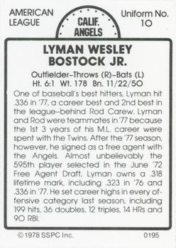1978 SSPC 270 #195 Lyman Bostock Back