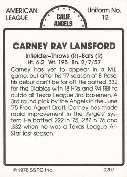 1978 SSPC 270 #207 Carney Lansford Back