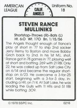 1978 SSPC 270 #216 Rance Mulliniks Back