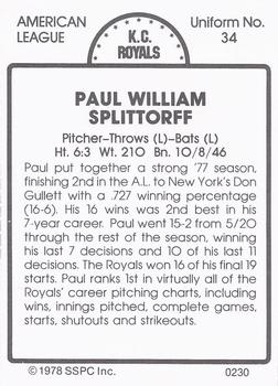 1978 SSPC 270 #230 Paul Splittorff Back