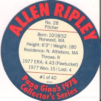 1978 Papa Gino's Discs #1 Allen Ripley Back