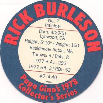 1978 Papa Gino's Discs #7 Rick Burleson Back