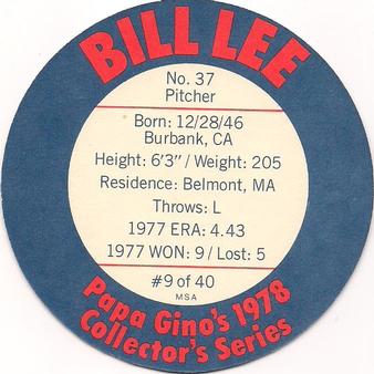 1978 Papa Gino's Discs #9 Bill Lee Back