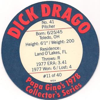 1978 Papa Gino's Discs #11 Dick Drago Back