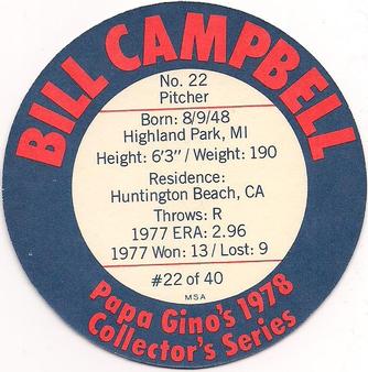 1978 Papa Gino's Discs #22 Bill Campbell Back