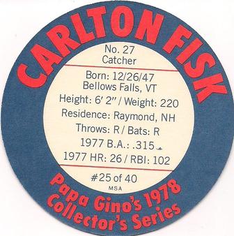 1978 Papa Gino's Discs #25 Carlton Fisk Back
