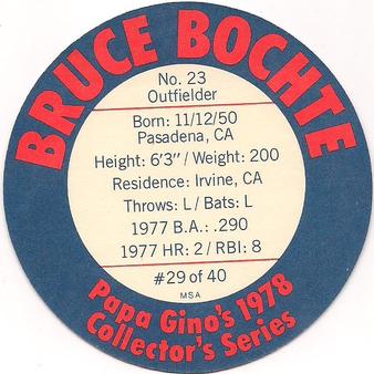 1978 Papa Gino's Discs #29 Bruce Bochte Back