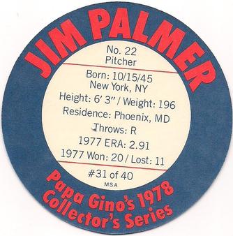 1978 Papa Gino's Discs #31 Jim Palmer Back