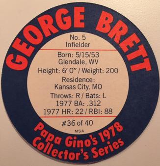 1978 Papa Gino's Discs #36 George Brett Back