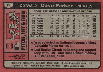 1980 Topps Burger King Pitch, Hit & Run #19 Dave Parker Back