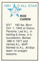 1981 All-Star Game Program Inserts #NNO Rod Carew Back
