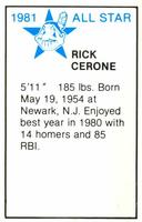 1981 All-Star Game Program Inserts #NNO Rick Cerone Back