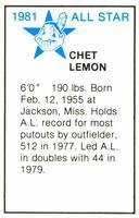 1981 All-Star Game Program Inserts #NNO Chet Lemon Back