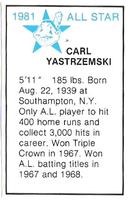 1981 All-Star Game Program Inserts #NNO Carl Yastrzemski Back