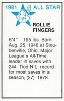 1981 All-Star Game Program Inserts #NNO Rollie Fingers Back