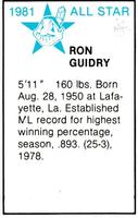 1981 All-Star Game Program Inserts #NNO Ron Guidry Back