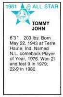 1981 All-Star Game Program Inserts #NNO Tommy John Back