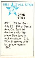 1981 All-Star Game Program Inserts #NNO Dave Stieb Back