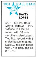 1981 All-Star Game Program Inserts #NNO Davey Lopes Back