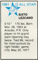 1981 All-Star Game Program Inserts #NNO Sixto Lezcano Back