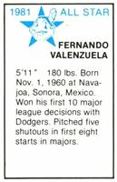 1981 All-Star Game Program Inserts #NNO Fernando Valenzuela Back