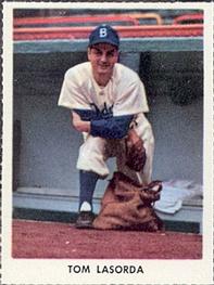 1955 Golden Stamps Brooklyn Dodgers #23 Tom Lasorda Front