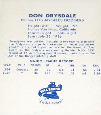 1958 Bell Brand Los Angeles Dodgers #NNO Don Drysdale Back