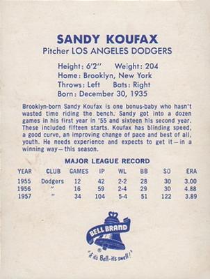1958 Bell Brand Los Angeles Dodgers #NNO Sandy Koufax Back
