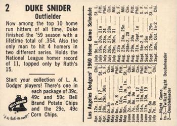 1960 Bell Brand Los Angeles Dodgers #2 Duke Snider Back