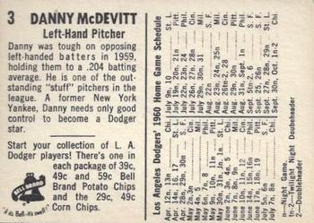 1960 Bell Brand Los Angeles Dodgers #3 Danny McDevitt Back