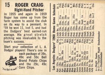 1960 Bell Brand Los Angeles Dodgers #15 Roger Craig Back