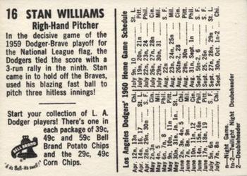 1960 Bell Brand Los Angeles Dodgers #16 Stan Williams Back