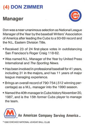 1990 Marathon Chicago Cubs #NNO Don Zimmer Back