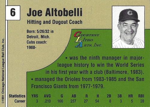 1991 Vine Line Chicago Cubs #NNO Joe Altobelli Back
