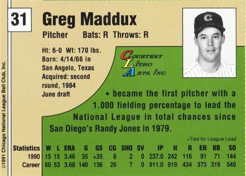 1991 Vine Line Chicago Cubs #NNO Greg Maddux Back