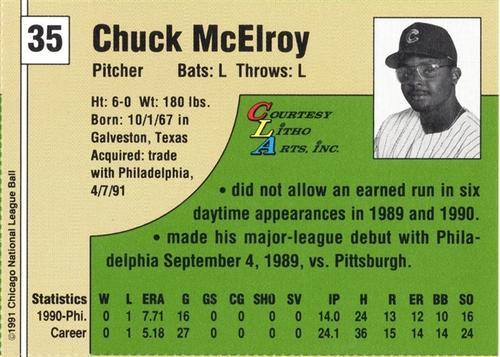 1991 Vine Line Chicago Cubs #NNO Chuck McElroy Back