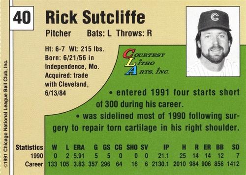 1991 Vine Line Chicago Cubs #NNO Rick Sutcliffe Back