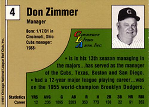 1991 Vine Line Chicago Cubs #NNO Don Zimmer Back