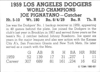 1980 TCMA 1959 Los Angeles Dodgers Black & White #001 Joe Pignatano Back