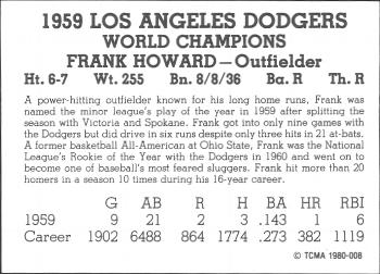 1980 TCMA 1959 Los Angeles Dodgers Black & White #008 Frank Howard Back