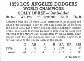 1980 TCMA 1959 Los Angeles Dodgers Black & White #009 Solly Drake Back
