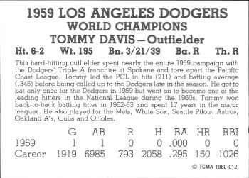 1980 TCMA 1959 Los Angeles Dodgers Black & White #012 Tommy Davis Back