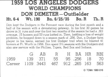 1980 TCMA 1959 Los Angeles Dodgers Black & White #016 Don Demeter Back