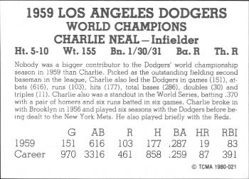 1980 TCMA 1959 Los Angeles Dodgers Black & White #021 Charlie Neal Back