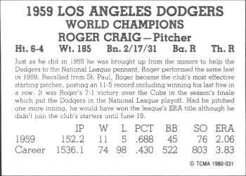 1980 TCMA 1959 Los Angeles Dodgers Black & White #031 Roger Craig Back
