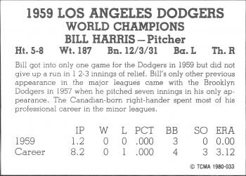 1980 TCMA 1959 Los Angeles Dodgers Black & White #033 Bill Harris Back