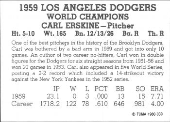 1980 TCMA 1959 Los Angeles Dodgers Black & White #039 Carl Erskine Back