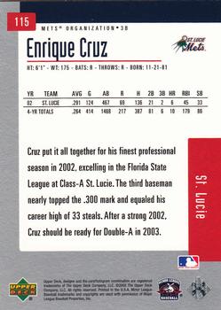 2002 Upper Deck Minor League #115 Enrique Cruz Back