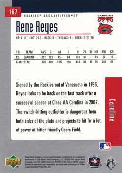 2002 Upper Deck Minor League #167 Rene Reyes Back
