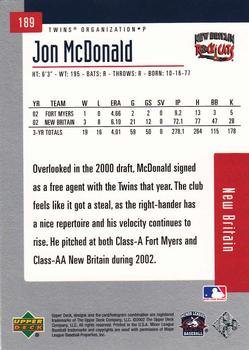 2002 Upper Deck Minor League #189 Jon McDonald Back